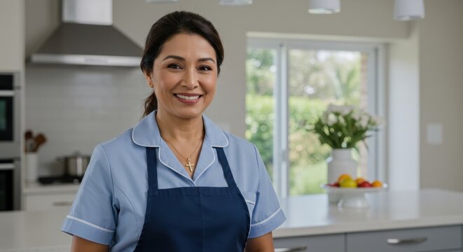 Smiling domestic worker in uniform in bright modern kitchen setting at home