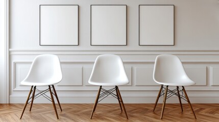 Three white chairs stand below three empty picture frames