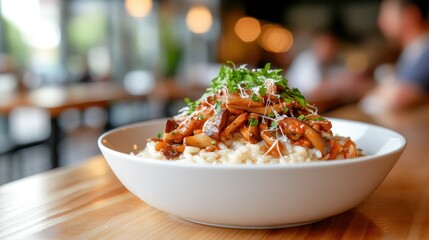 Creamy mushroom risotto with parmesan and herbs in a cozy restaurant setting