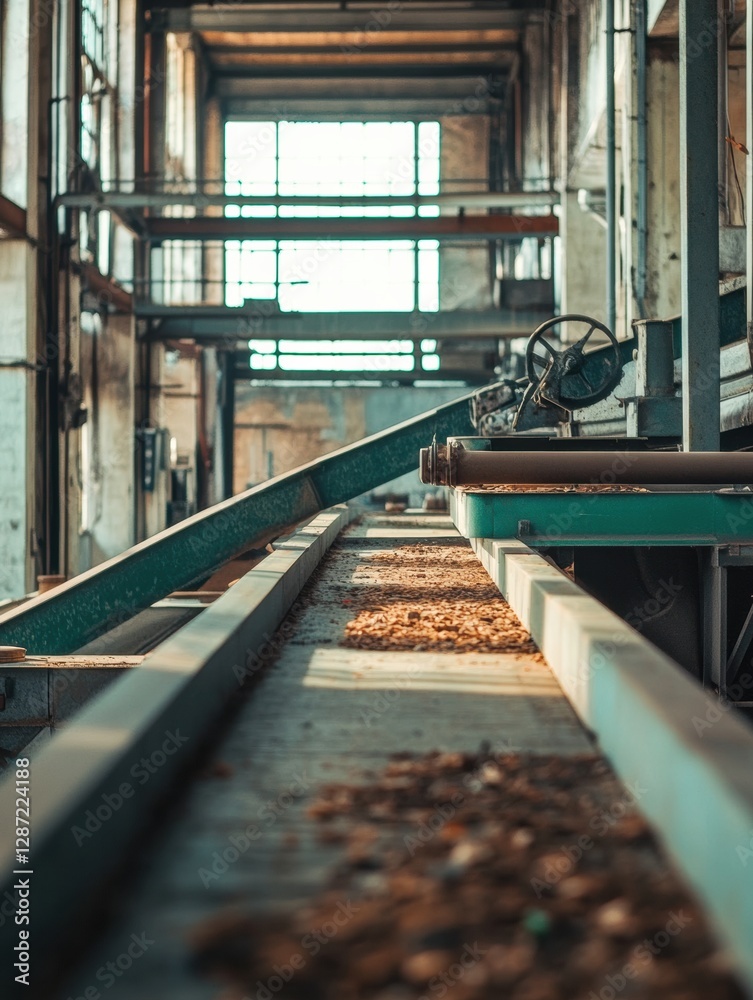 Aufkleber conveyor belts sorting waste materials in a recycling plant with an industrial backdrop and ample sp