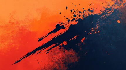 Abstract art with orange and black paint splatters and streaks.
