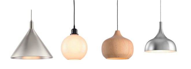 Elegant Collection of Modern Pendant Lights in Various Styles, Showcasing Contemporary Lighting Design, Isolated on Transparent and White Background