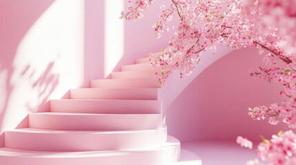 Obraz premium Pink staircase, cherry blossoms, sunlit room, product display