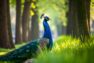 Mesmerizing pavo real walking through a lush green forest, its dazzling feathers glowing in the sunlight creating a magical scene