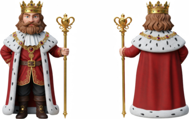 Cartoon King Character 3D Render Front and Back Views Royal Robe Crown Scepter