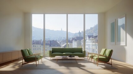Fototapeta premium Bright modern living room with a city view behind windows