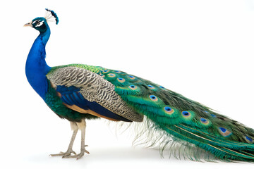 Obraz premium Isolated pavo real in full profile, standing with poise its magnificent feather arrangement shining brilliantly against a white backdrop