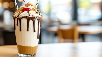 Indulging in a creamy milkshake delight topped with a cherry on a sunny day