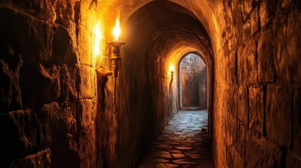 A dim lit torch lit stone tunnel hallway with stone walls