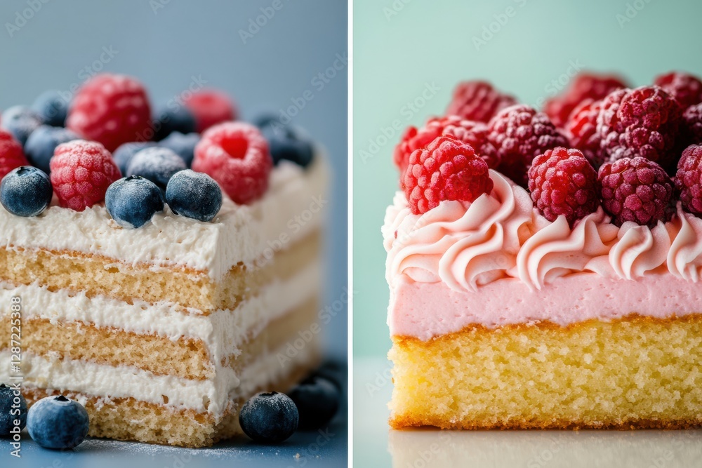 Poster delicious layer cakes adorned with fresh berries on a light blue background during bright daylight. 