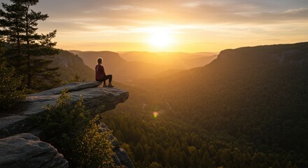 Obraz premium Serene sunset: woman meditating on mountain cliff overlooking forest valley