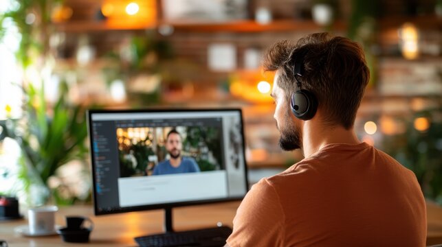 Young man engrossed in an online conference while seated at a cozy workspace