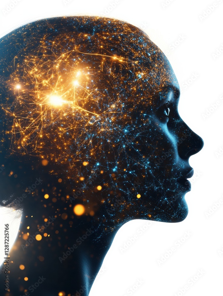 Poster Exploring the intricate neural connections within the human head symbolizing artificial intelligence and cybernetic evolution. Generative AI