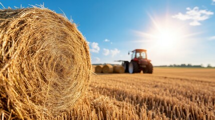 Harvesting hay under a radiant sun in a vast open field