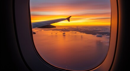 Stunning airplane window view: vibrant sunset over clouds and ocean horizon