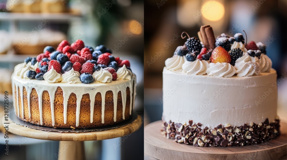 Poster delicious cakes with fresh fruits displayed on wooden pedestals in a bright bakery setting. generati