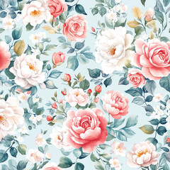 A blue and white floral pattern with pink roses and white flowers