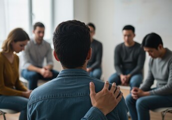 Support group meeting with diverse adults in casual setting focusing on emotional connection