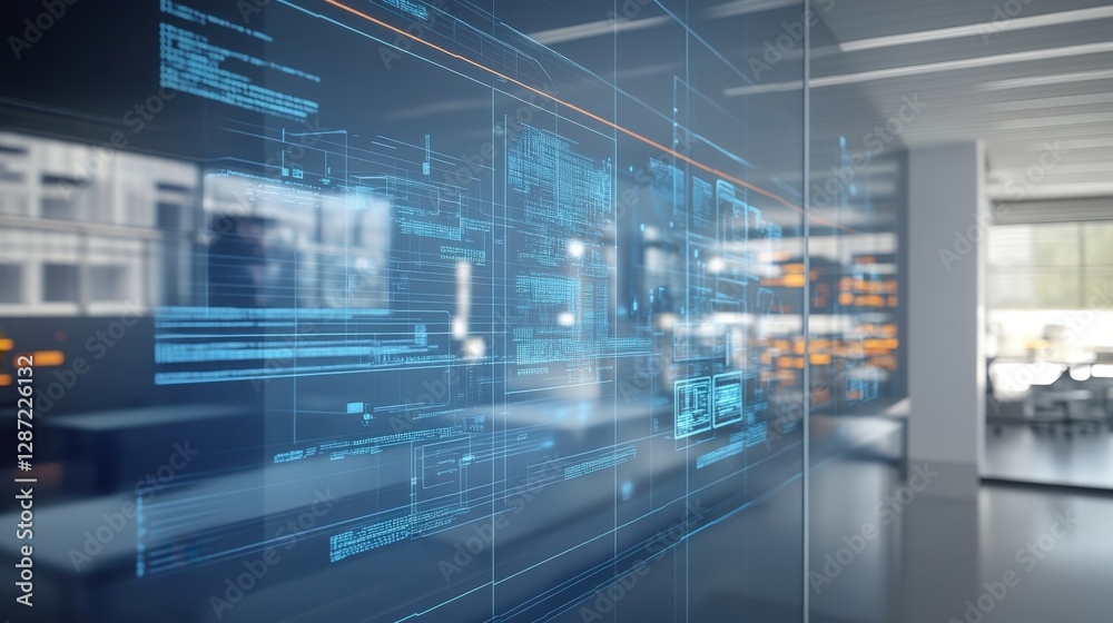 Poster complex data and code are displayed on a futuristic transparent screen in a modern office environmen