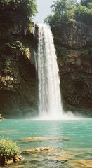 Fototapeta premium Majestic waterfall cascading into turquoise pool surrounded by lush greenery