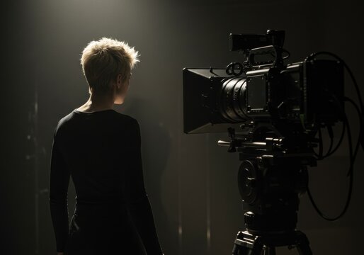 Cinematic production: director filming with professional camera on set