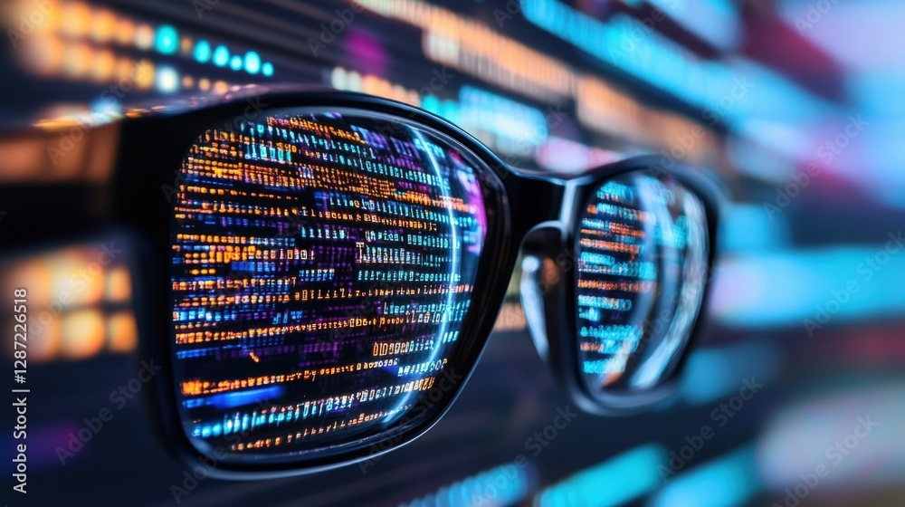 Poster eyeglasses reflecting lines of programming code displayed on a computer screen, symbolizing cyber se