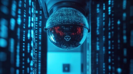 Futuristic security camera with binary code reflecting on its surface, monitoring a server room, ensuring data protection and cyber security in a technological environment