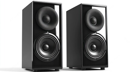 Obraz premium Studio bookshelf speakers, audio, pair, black, isolated, white background, music, hi-fi