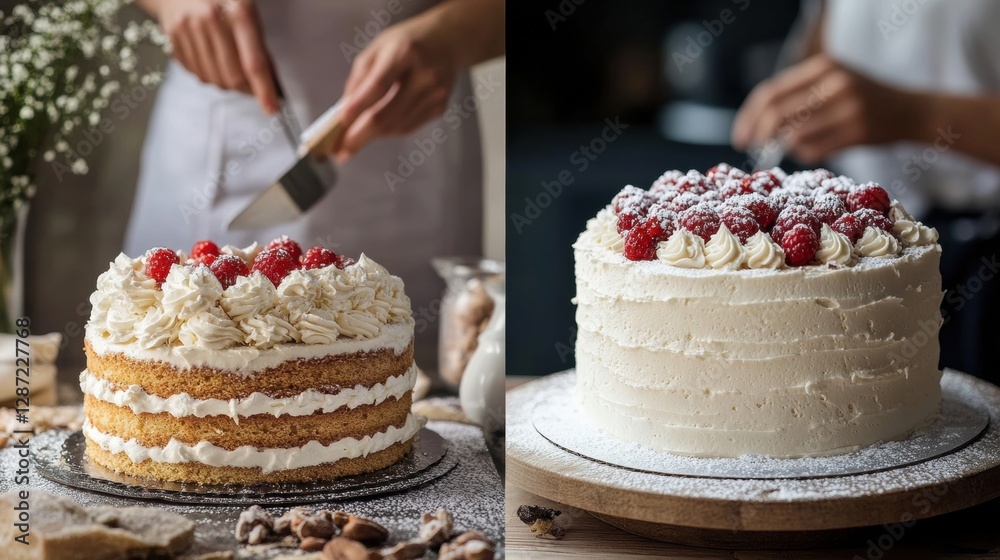 Aufkleber pastry chef prepares two layered cakes with raspberries and cream in cozy kitchen setting during aft