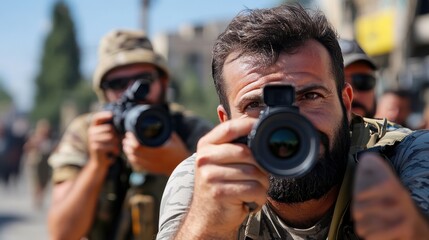 Obraz premium Journalists seek shelter as gunfire erupts in a conflict zone