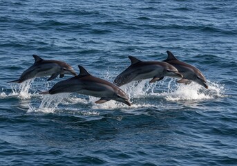 Fototapeta premium Playful dolphins leaping gracefully over ocean waves in synchrony