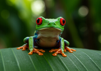 Fototapeta premium Red eyed tree frog sits upon a large green leaf