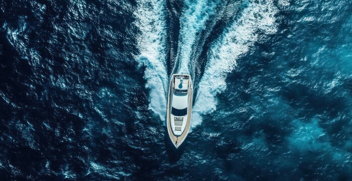 Luxury Yacht Cruising the Deep Blue Ocean: Aerial View