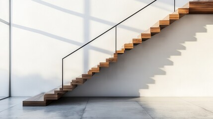 Naklejka premium Modern wooden staircase with sleek metal railing against a white wall. Ideal for architectural, interior design, and home improvement projects showcasing minimalist aesthetics.
