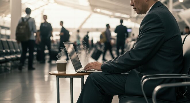 Businessman working on laptop in bustling airport terminal with coffee cup