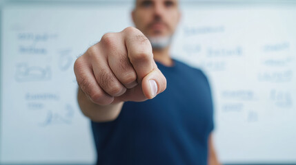 Fototapeta premium man with focused expression is gesturing with clenched fist front of whiteboard filled with notes and diagrams, conveying determination and