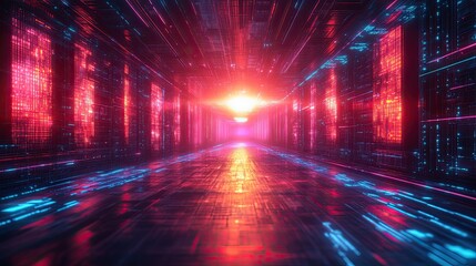 Futuristic corridor lit by bright red and blue futuristic lights