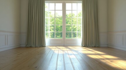 Fototapeta premium Bright sunny room featuring hardwood floors and large windows