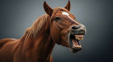 Laughing brown horse showing teeth - Unrestrained amusement - Fun social media post