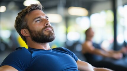Intense focus on workout goals during sit-ups in vibrant gym setting