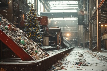 Conveyor belts in a recycling plant with sorted waste and industrial backdrop during winter season. Generative AI