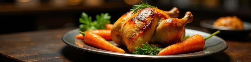 Roasted chicken on a metal platter with a side of roasted carrots, gastronomy, metalplatter, restaurant