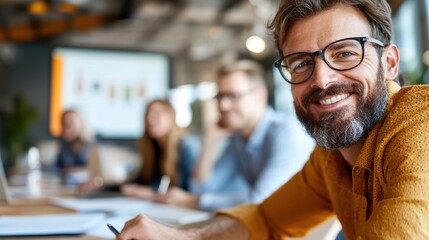Business team collaborates and shares ideas in modern conference room