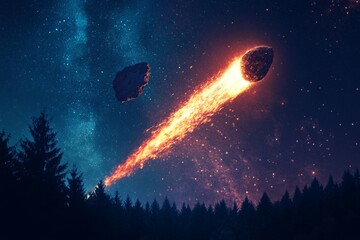 Fiery meteor streaks over forest, Milky Way backdrop; cosmic event