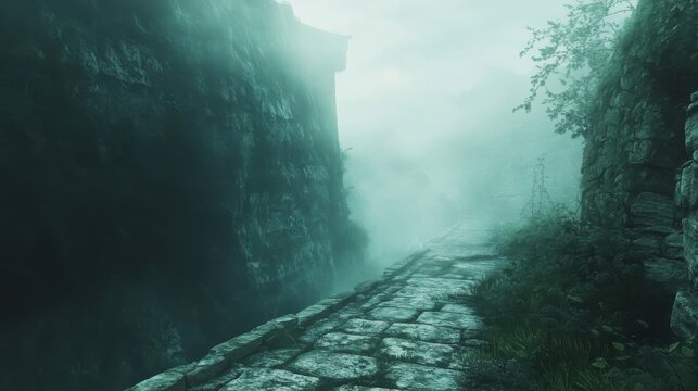A mysterious path through ancient stone walls and foggy landscapes