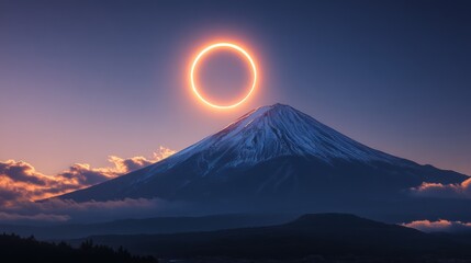 Fototapeta premium Annular eclipse over Fuji, Japan, sunrise, clouds