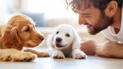 Fototapeta na wymiar Playful moment between a puppy and adult english setters in living room