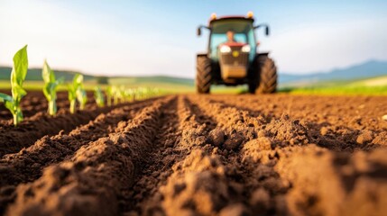 Farmer cultivating soil in a wide field under a clear blue sky