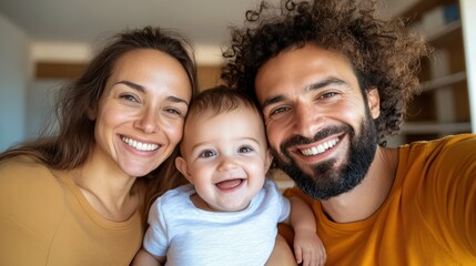 Fototapeta premium Happy family capturing joyful moments in their new apartment