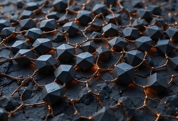 Fototapeta premium Dark gray multifaceted rock structures connected by intricate golden threads